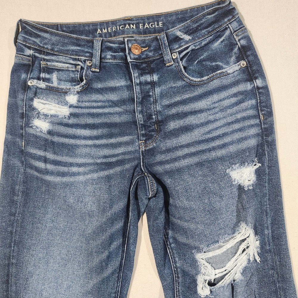 American Eagle Tomgirl Distressed Relaxed Straight Jean Blue 6 X-Long Button Fly